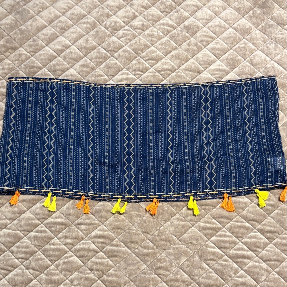 Boho Chic Blue Patterned Scarf with Tassels